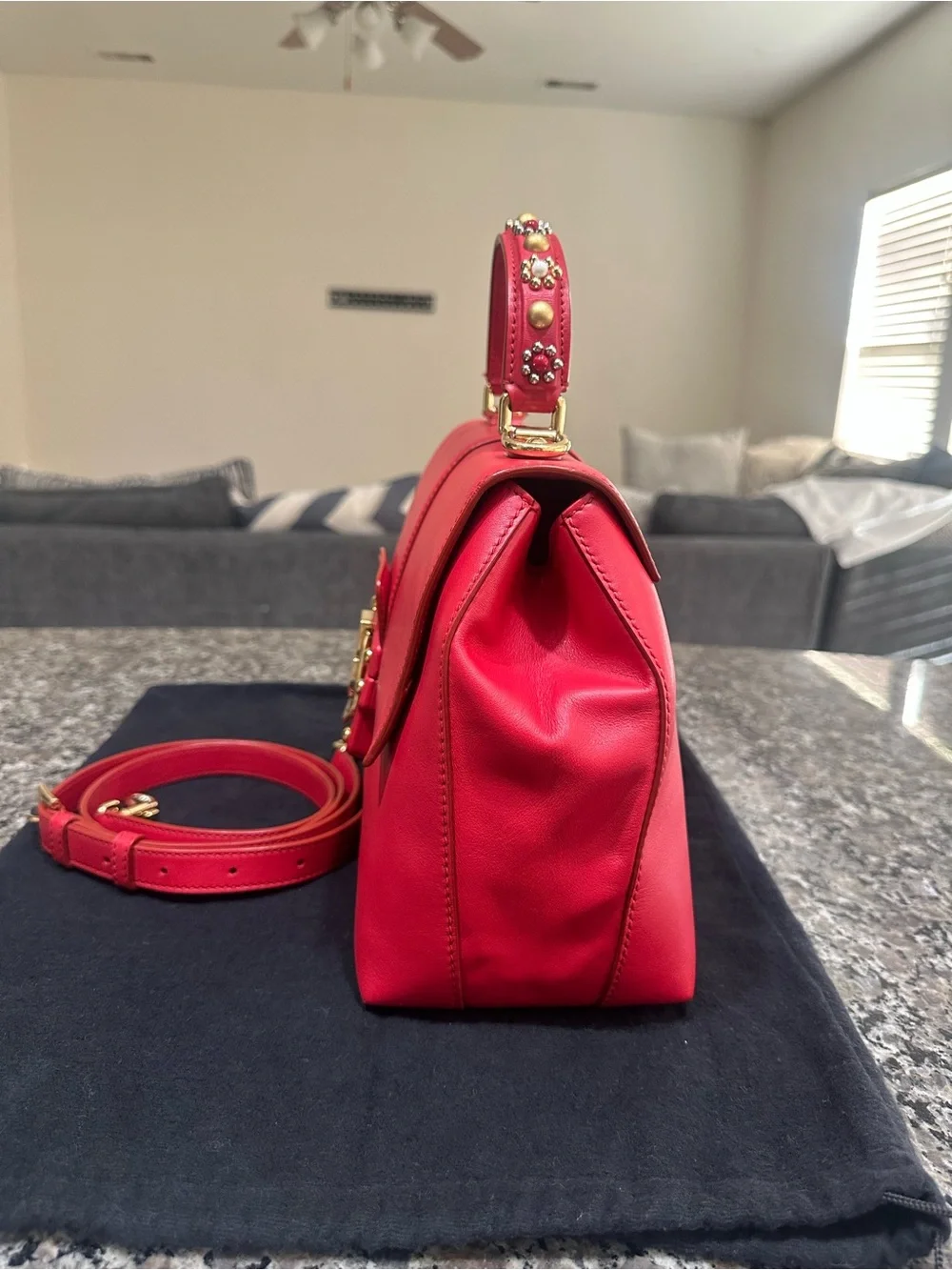 Dolce & Gabbana Red Leather Top-Handle Satchel with Gold Hardware and Studs